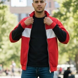 Fashion Nova Red and White Zip Up Shirt Size Medium